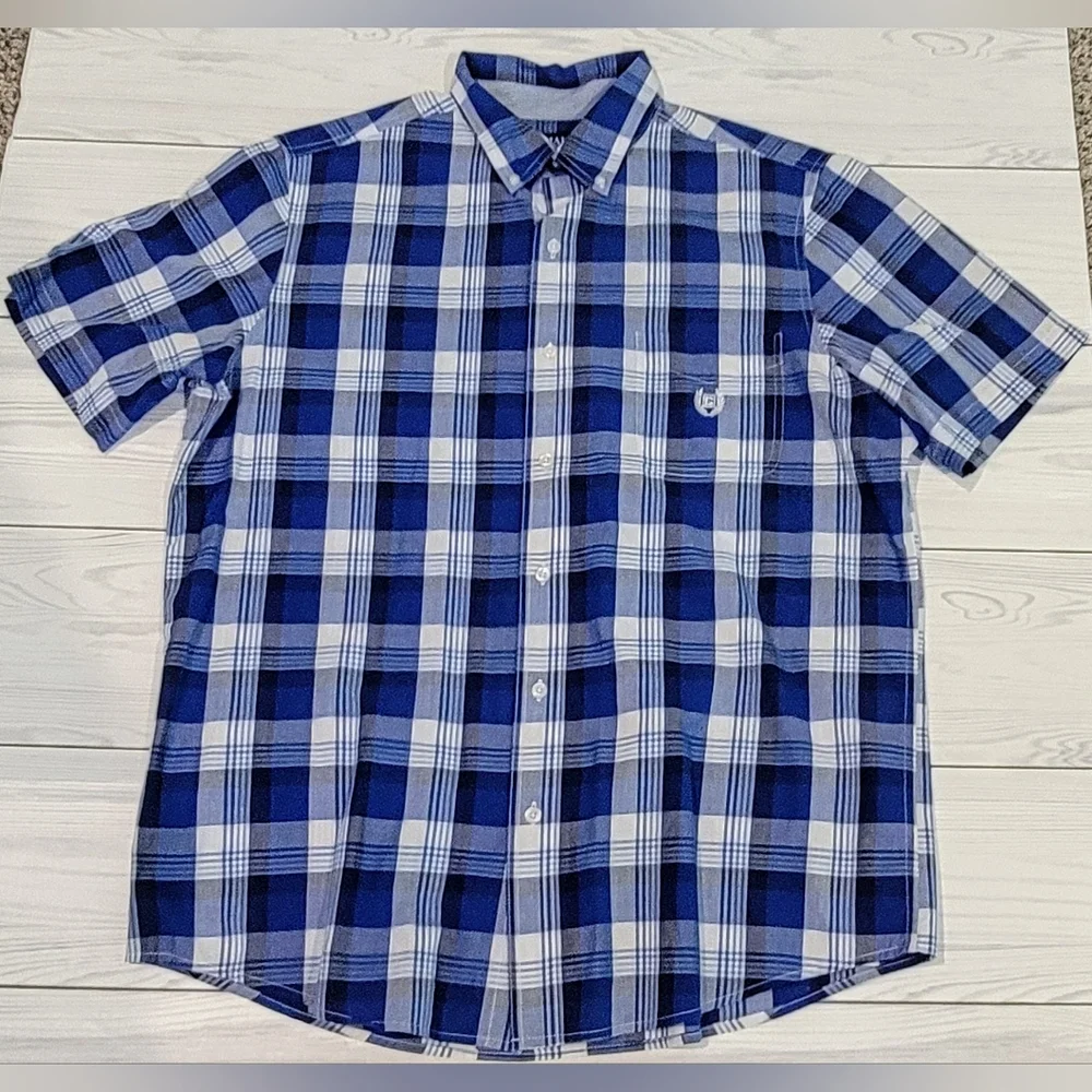 Chaps Blue & White Plaid Men's Short Sleeve Shirt Sz L - Picture 1 of 4